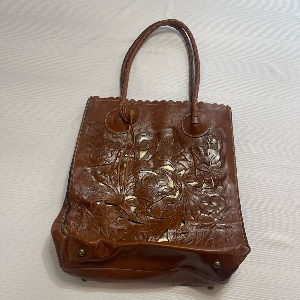 Patricia Nash Brown Tooled Leather Metallic Tote Bag
